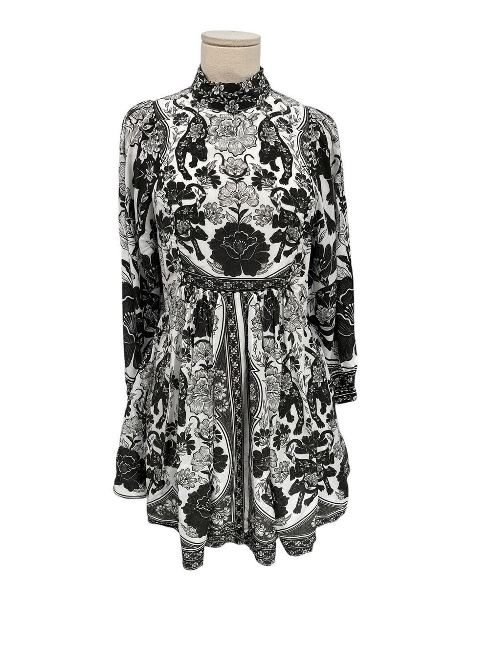 Farm Rio Flower Leopards Dress Mini Long Sleeve Floral Black White Size Small